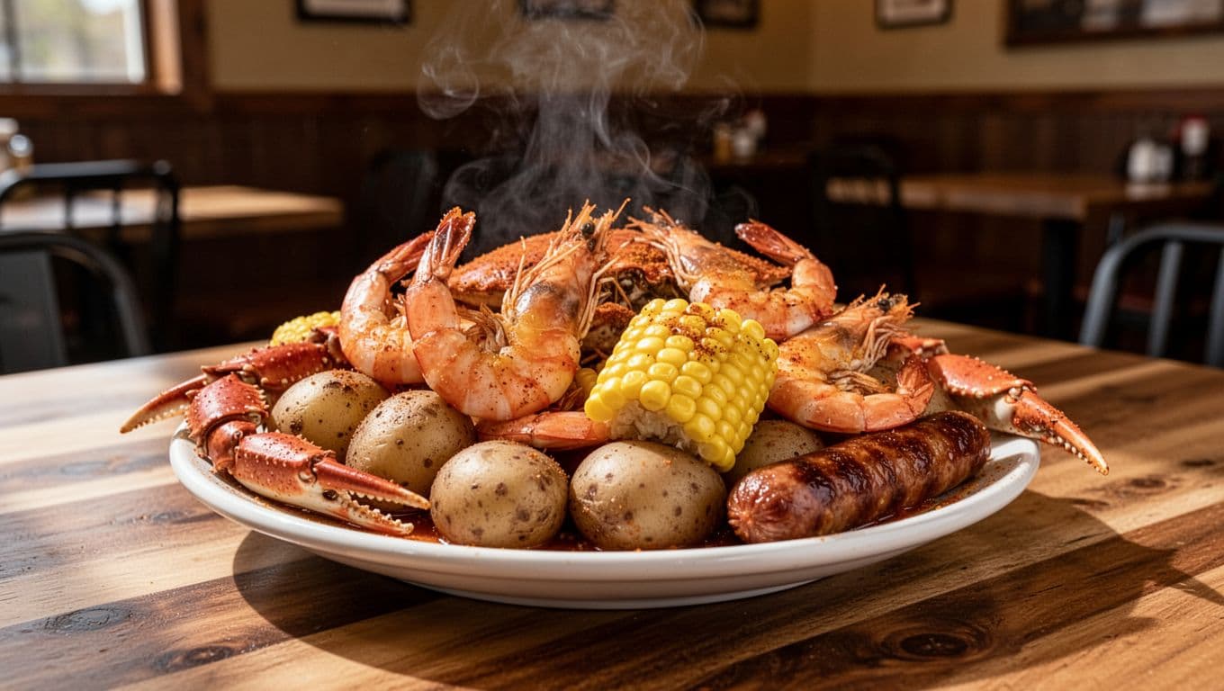 Cajun seafood boil with shrimp, crab, potatoes, corn, sausage on wooden table under green 'Cajun Boils' headline band in cafe interior.