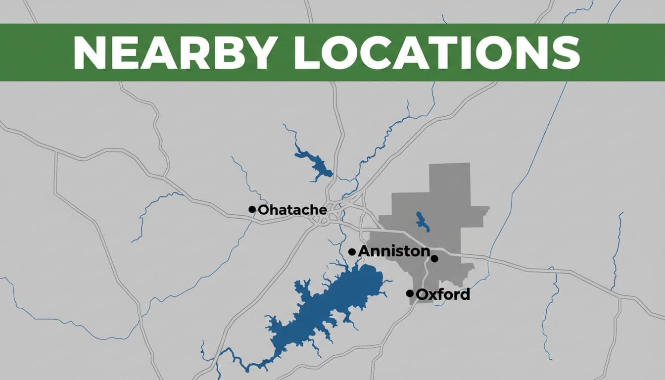 Overhead map of Calhoun County Alabama showing roads and lakes around Ohatchee Anniston Oxford with green Nearby Locations headline.
