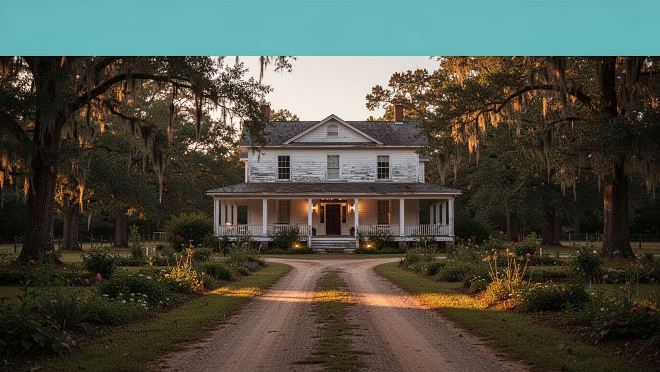 Green header band with Camden Dining text above rural road leading to white plantation house with porch lights at dusk.