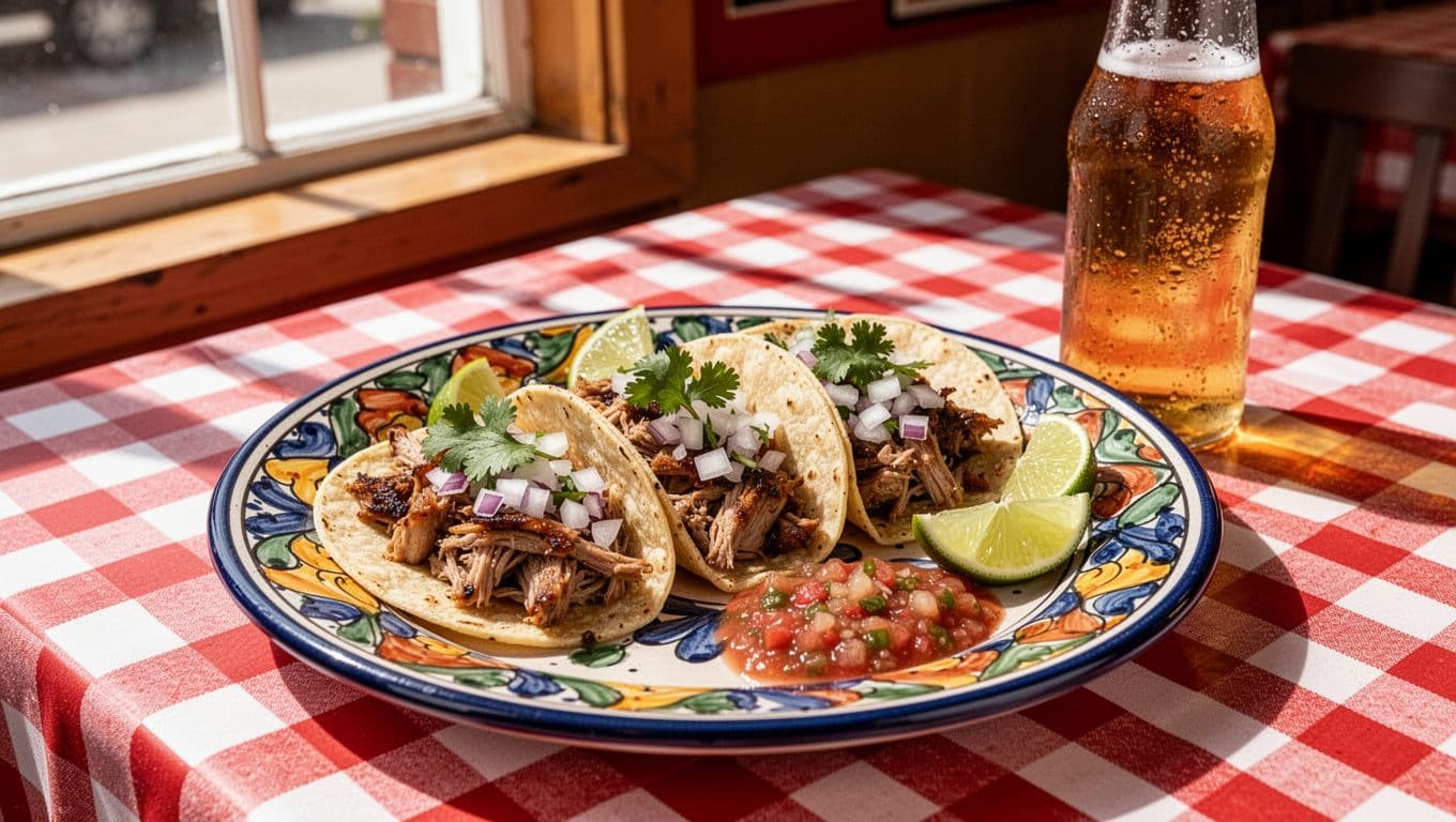 Plate of three carnitas street tacos with onions, cilantro, lime, salsa on checkered tablecloth, beer bottle nearby, Taco Night banner above.