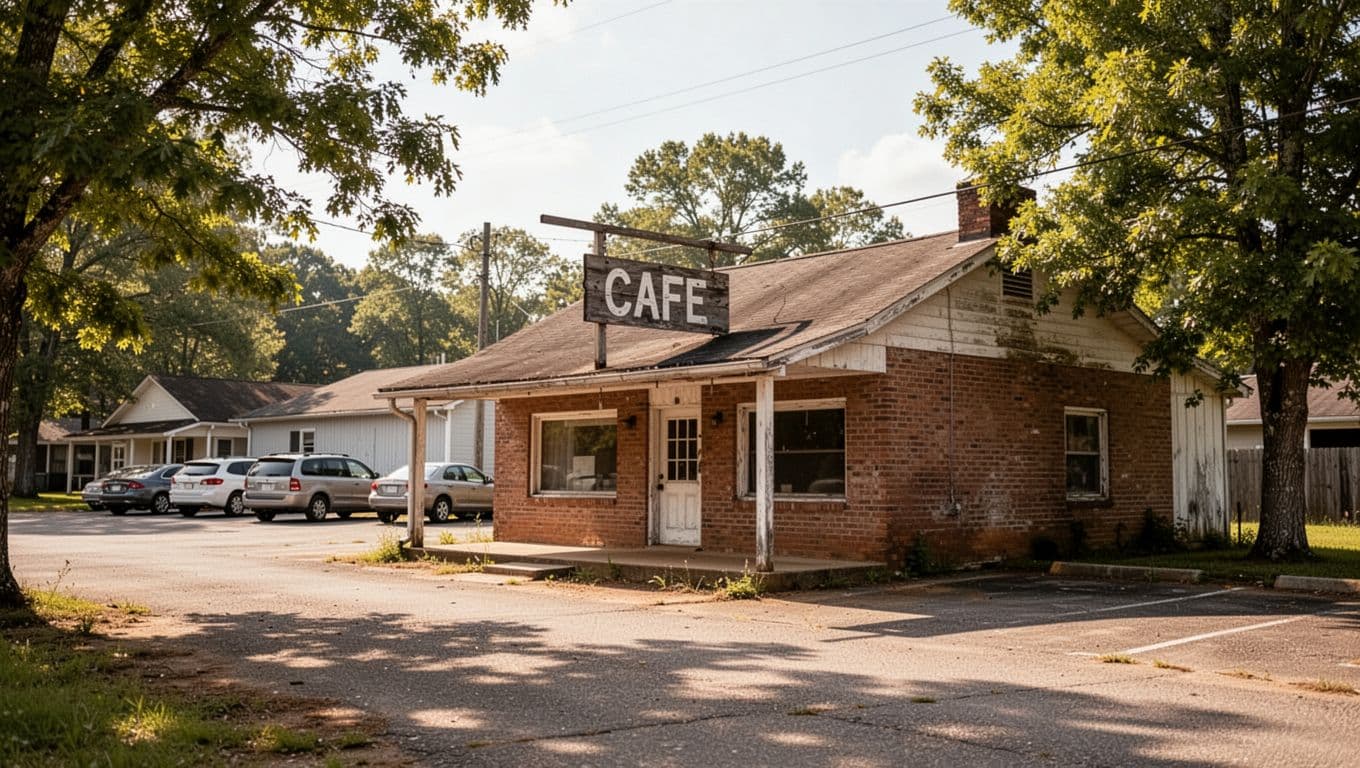Exterior of Caroline's Cafe in rural Alabama town with parking lot, cars, trees, sunny day.