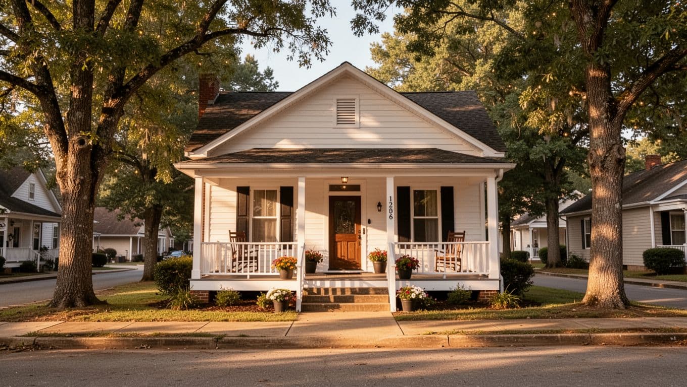 Bed and breakfast facade with porch on quiet tree-lined street in morning light, green top banner 'Carrollton Stays'.