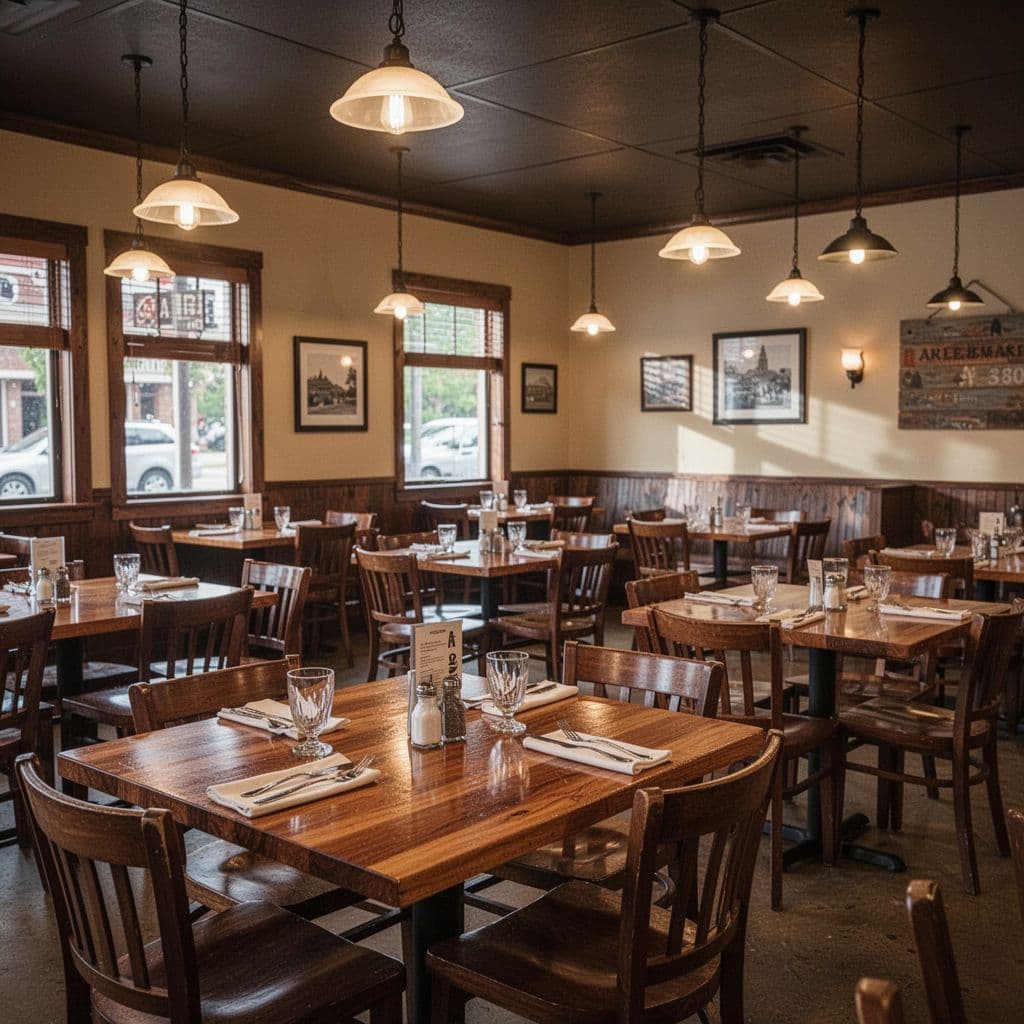 Warmly lit restaurant interior with wooden tables and green 'Casual Dining' header band at top.
