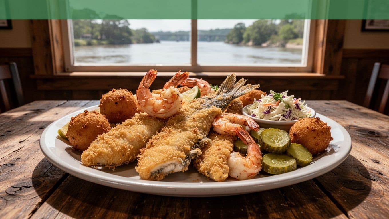 Platter of fried catfish fillets, shrimp, hushpuppies, coleslaw, fried pickles on wooden table in restaurant with river view window; green banner 'Catfish Platters' at top.