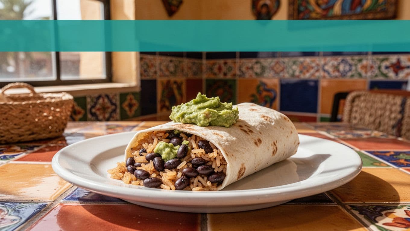 Fresh burrito with rice, beans, guacamole on white plate below Cazadores Grill green header, colorful Mexican diner background.