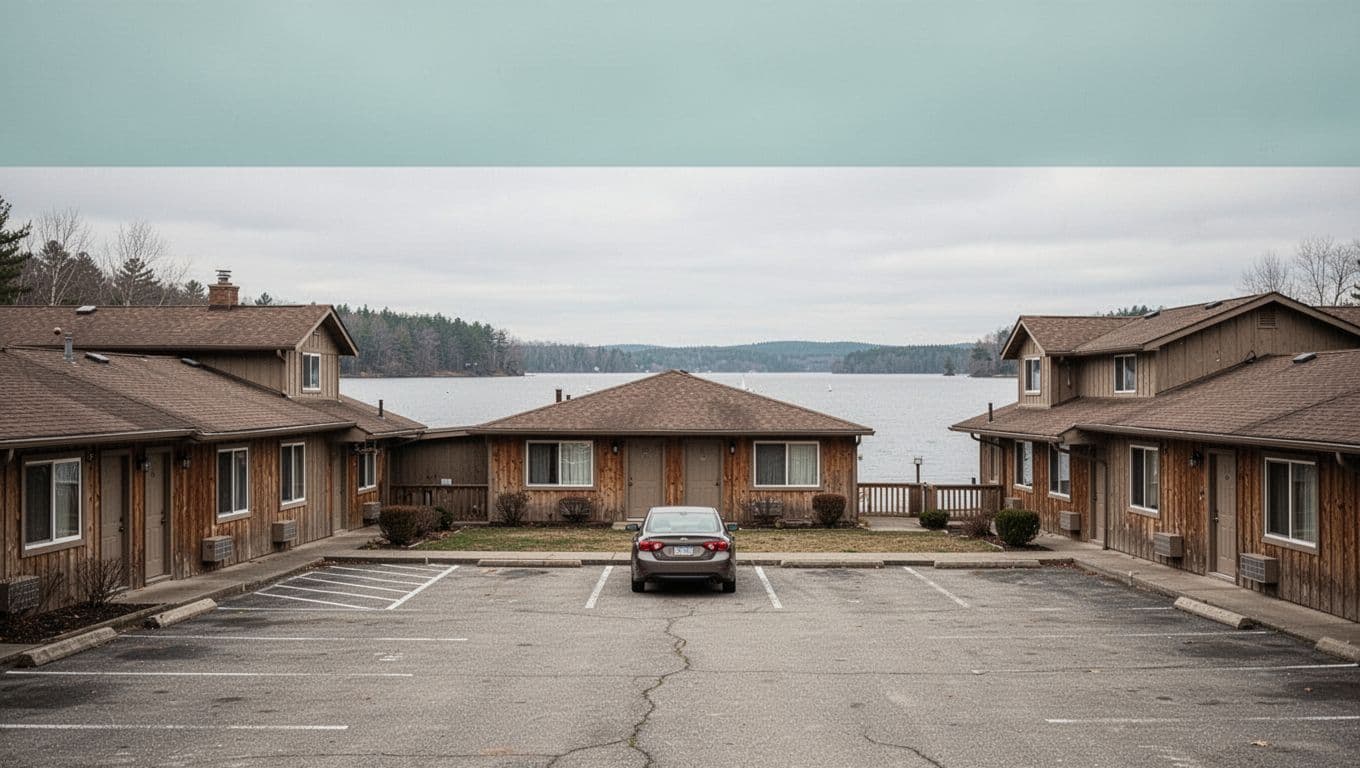 Wooden lakeside motel with parking lot, one parked car, lake background under overcast sky, green 'Lakefront Motel' banner at top.
