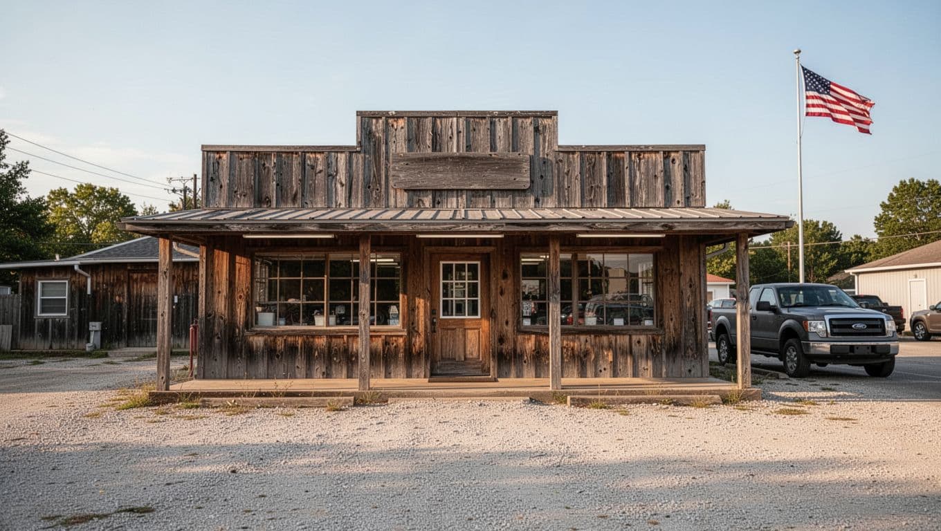 Rustic diner exterior with wooden sign, gravel lot, pickup truck, American flag under clear sky, green top 'Top Pick' band.