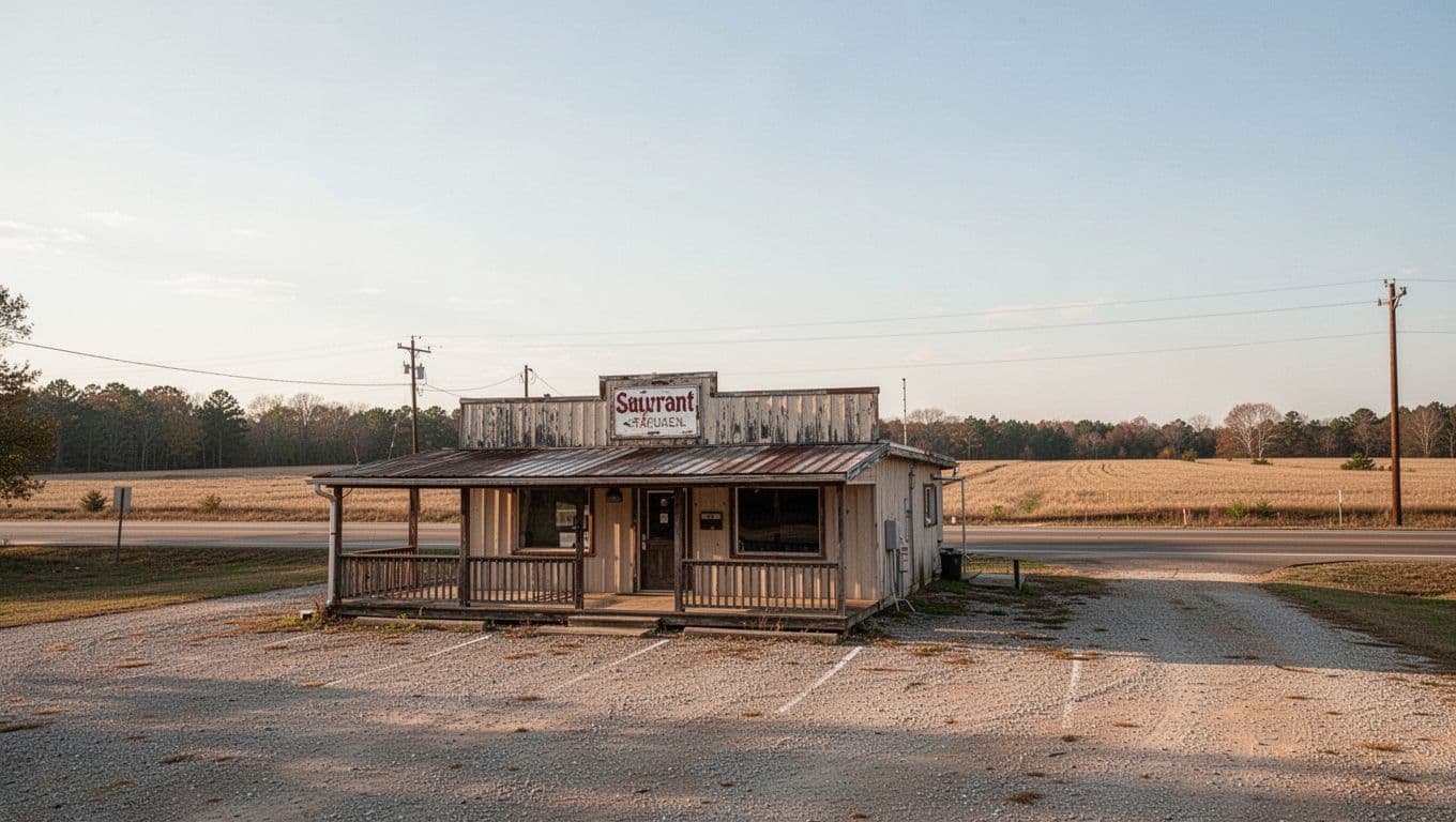 A quiet roadside eatery sits beside a gravel parking lot under a bright afternoon sky.