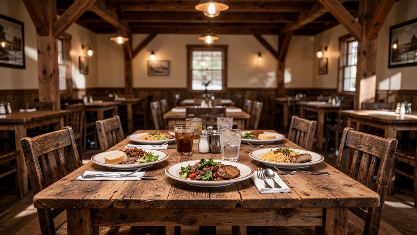 A warm wooden table setting inside a rustic restaurant featuring a Local Flavor headline.