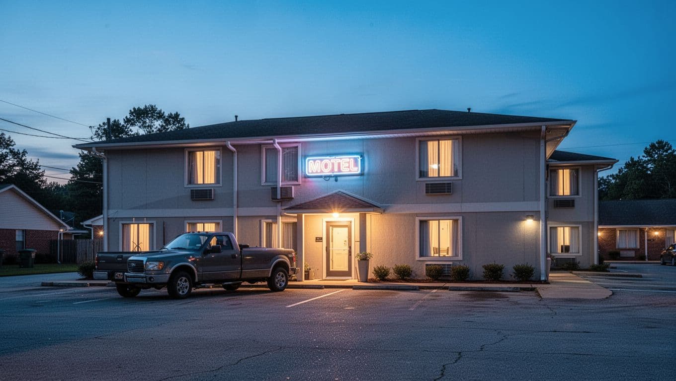 Budget motel exterior at dusk with neon vacancy sign, parked pickup truck, and top green 'Cheap Stays' headline band.