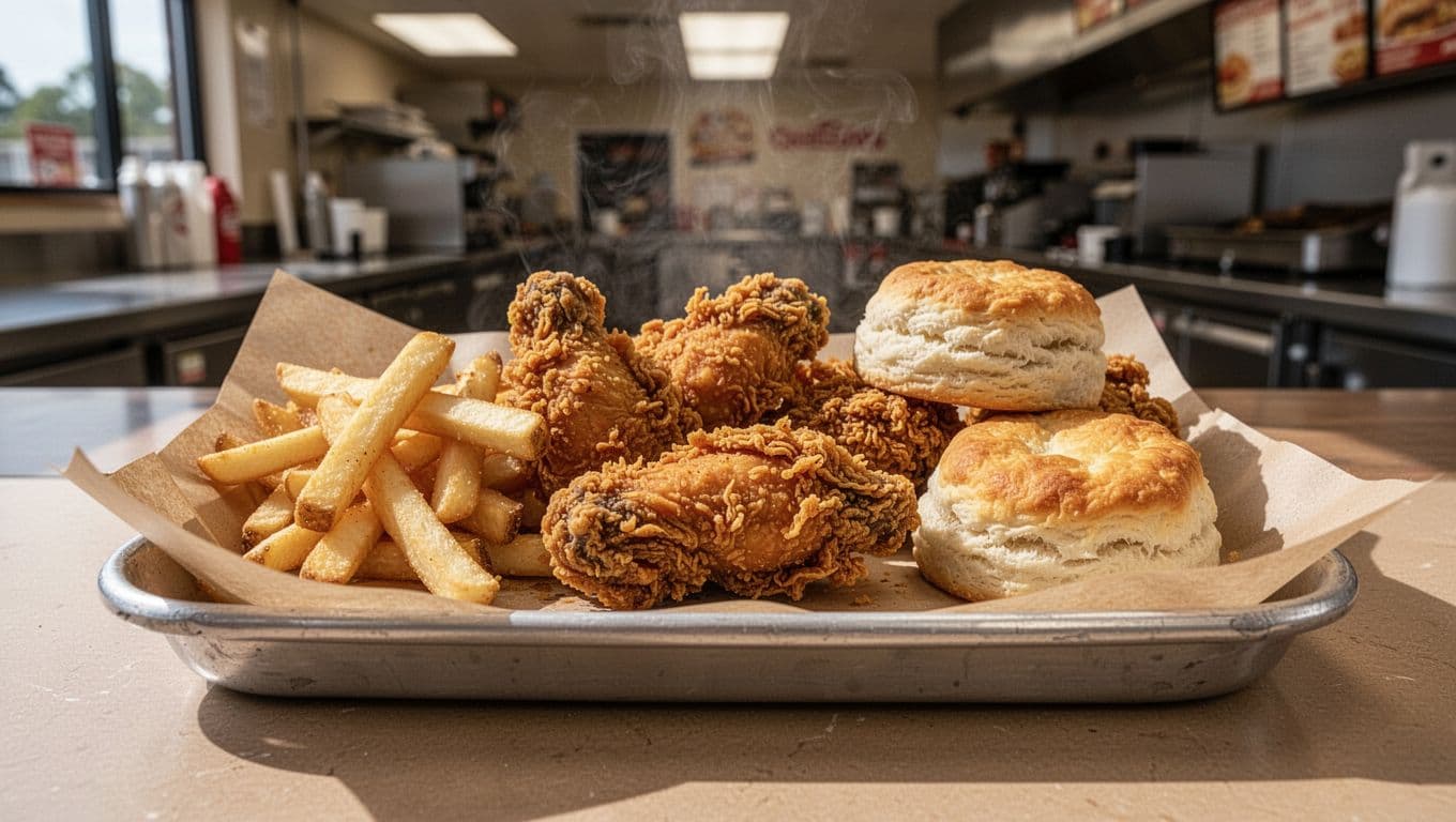 Paper-lined tray with crispy fried chicken pieces, fries, and biscuit on eatery counter, green band with Chicken Fix headline at top.