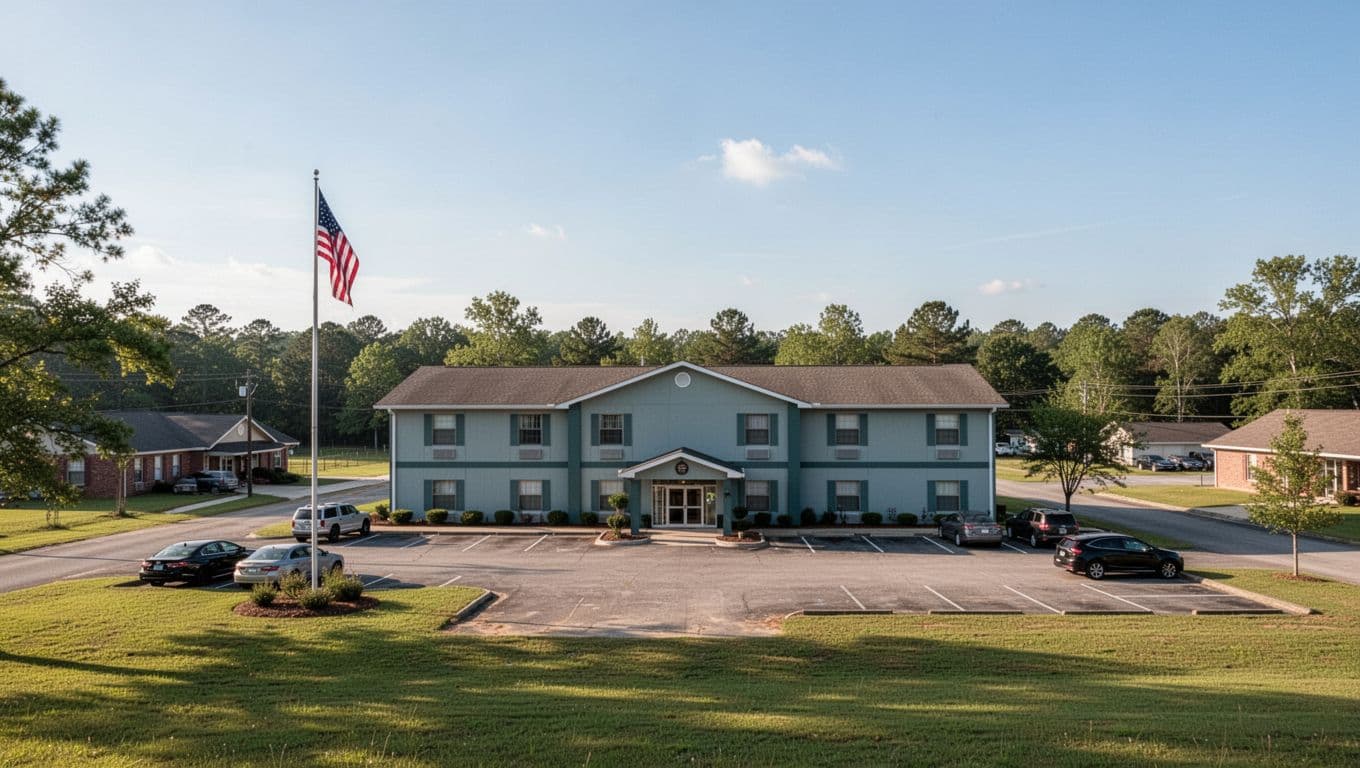 Exterior of clean budget hotel with wide parking lot, few cars, American flag, green lawns, trees, blue sky, and green 'Childersburg Stays' headline band at top.