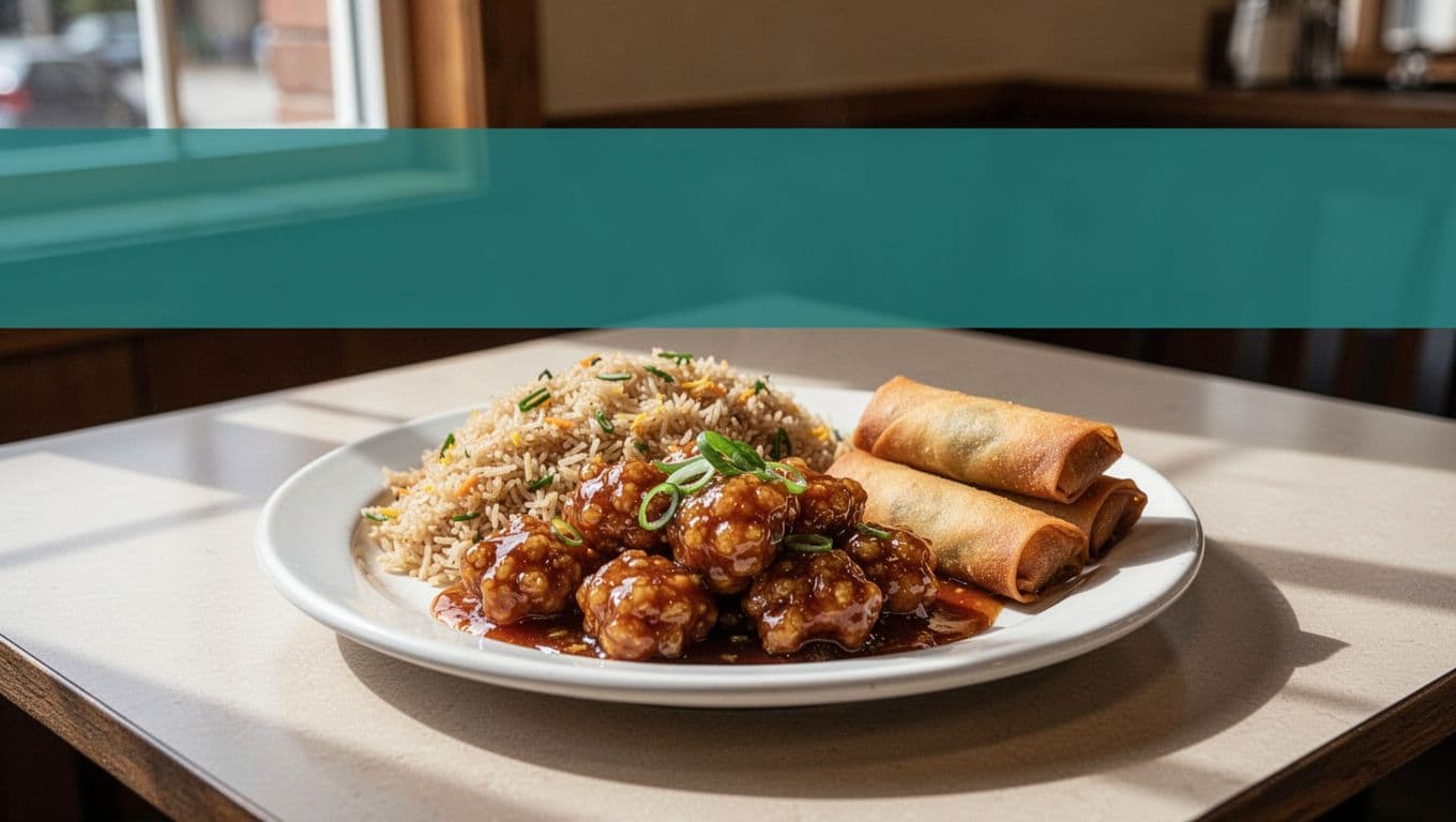 Headline 'Chinese Takeout' on green band above plate of General Tso's chicken, fried rice, and egg rolls on restaurant table.