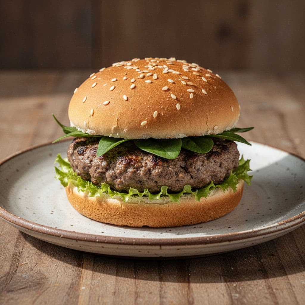 A juicy classic cheeseburger sits centered on a simple white plate.