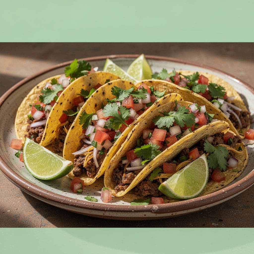 A close-up of a flavorful taco dish on a ceramic plate with a bold headline above.