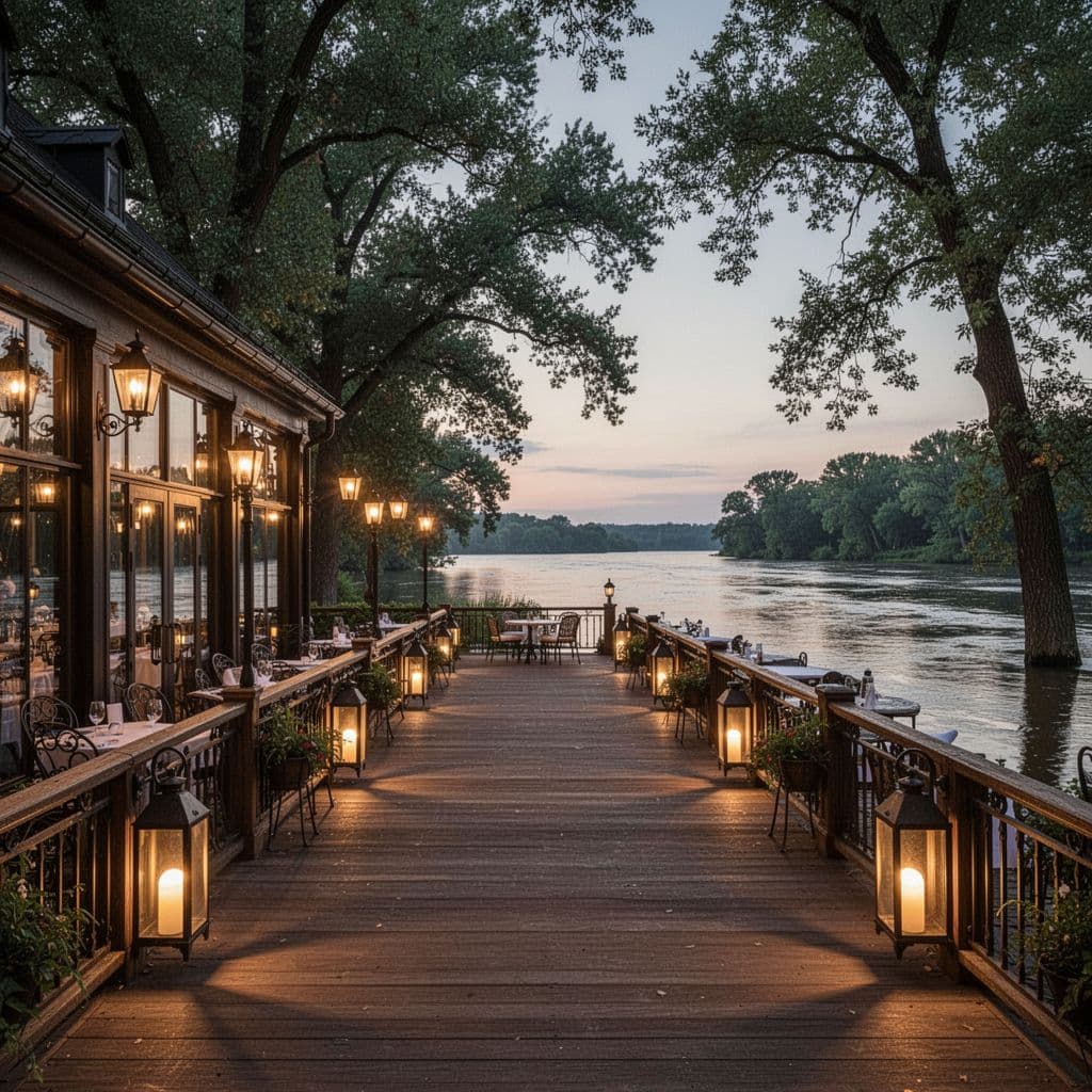 A wooden restaurant deck illuminated at dusk overlooking a peaceful river framed by trees.