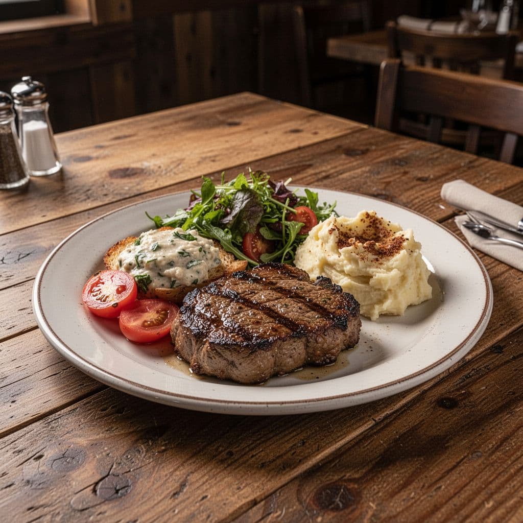 A plate of hearty Southern comfort food sits on a rustic wooden table in a warm restaurant.