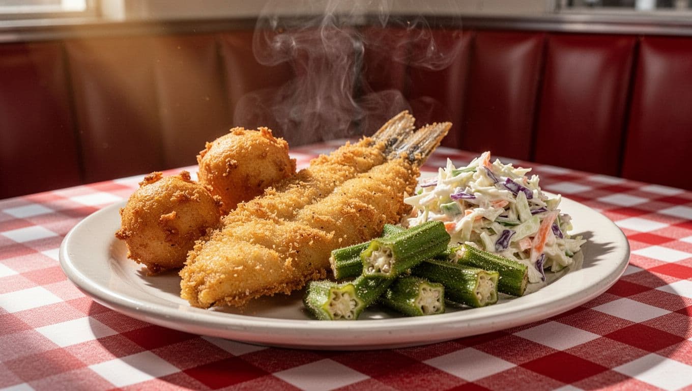 Plate of fried catfish, hushpuppies, okra, and coleslaw on checkered tablecloth with steam rising.