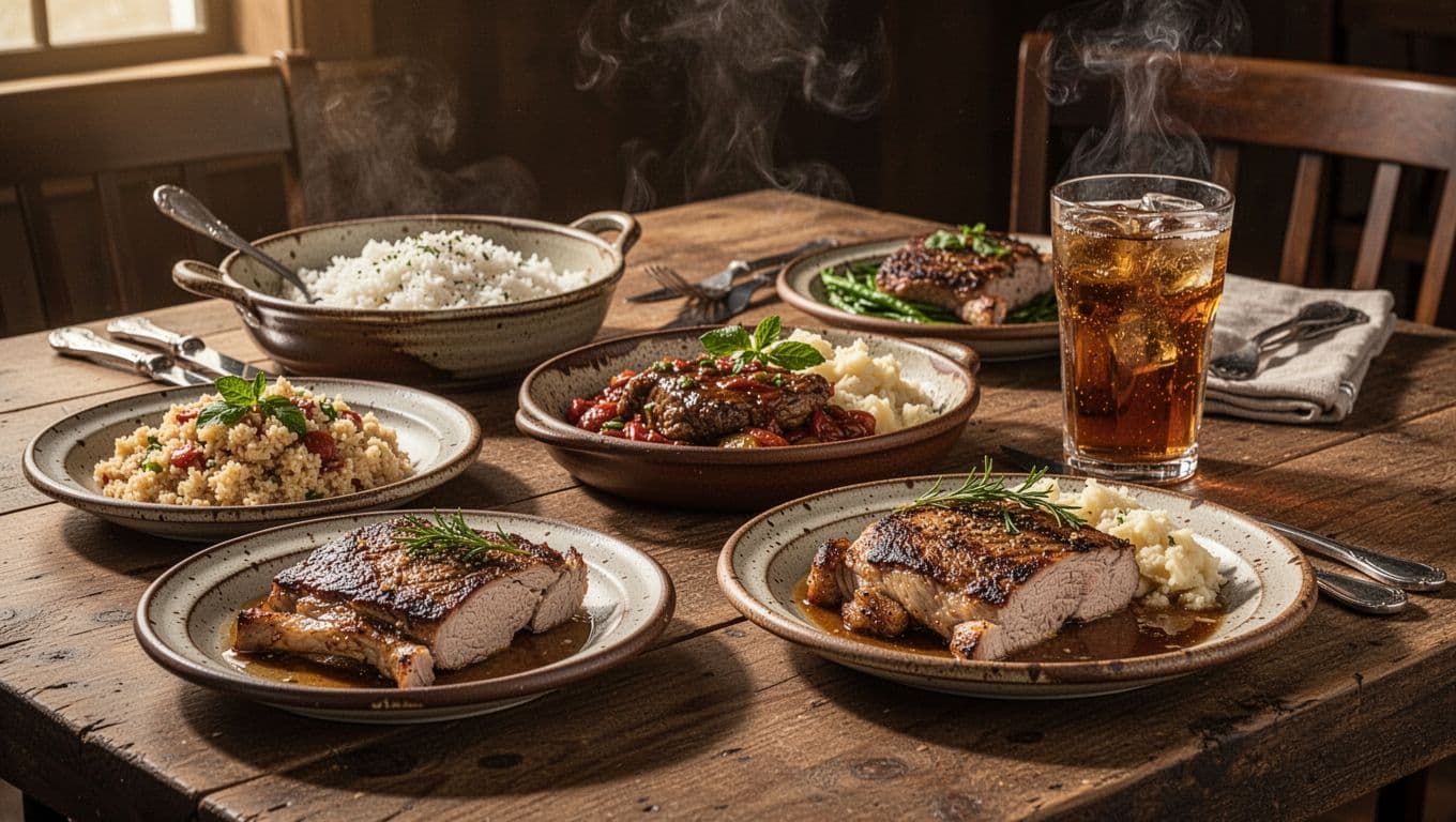 A hearty southern meal featuring rustic dishes and a glass of iced tea on a wooden table.