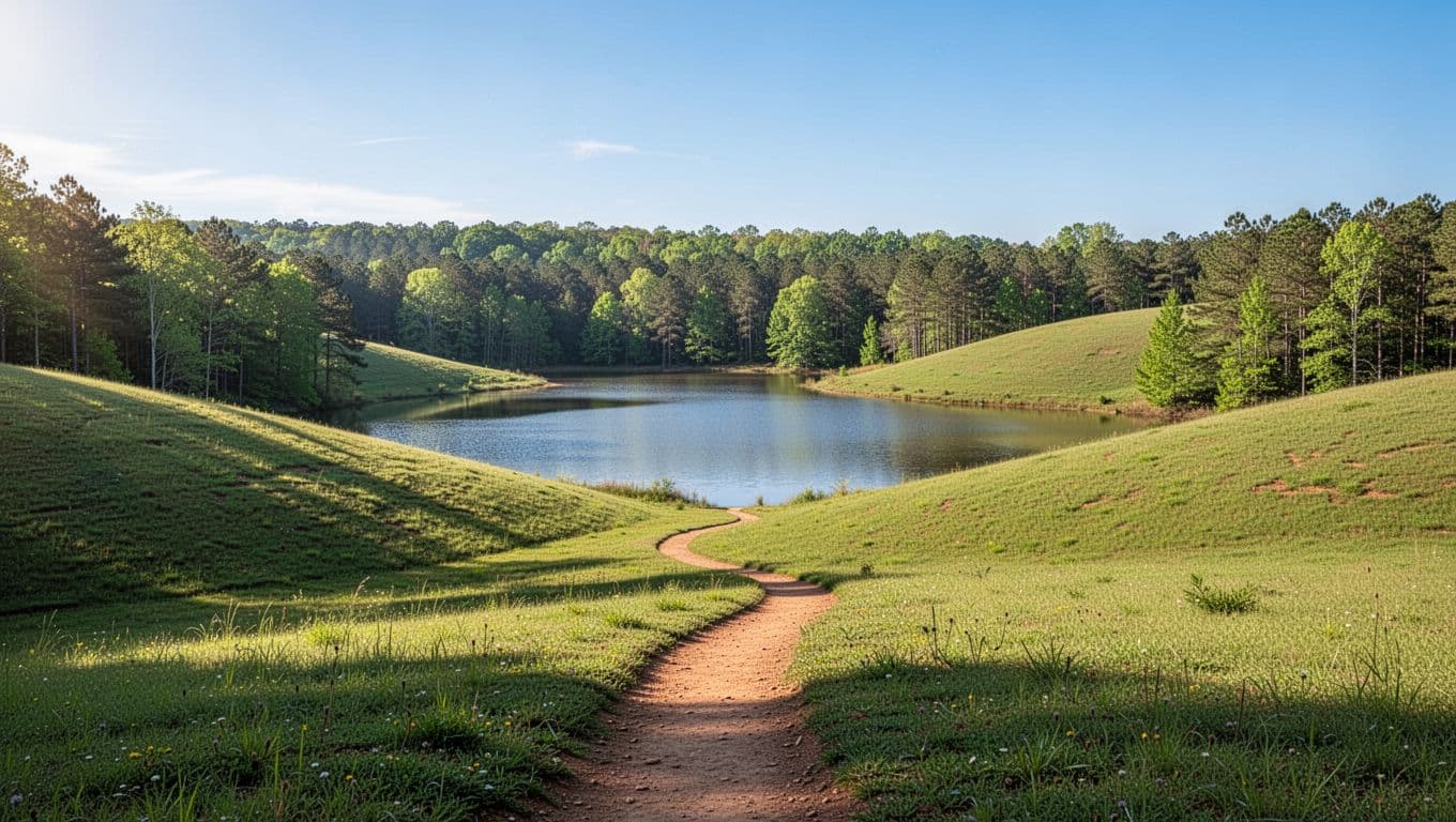Green hills, lake, and hiking trail in Clay County with Talladega forest backdrop under sunny sky, topped by 'Key Attractions' headline on green band.