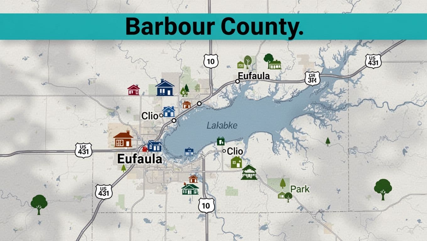 Barbour County Alabama map shows Clio, Eufaula, US431, SR10 highways, lake outline, hotel and park icons under green headline band.
