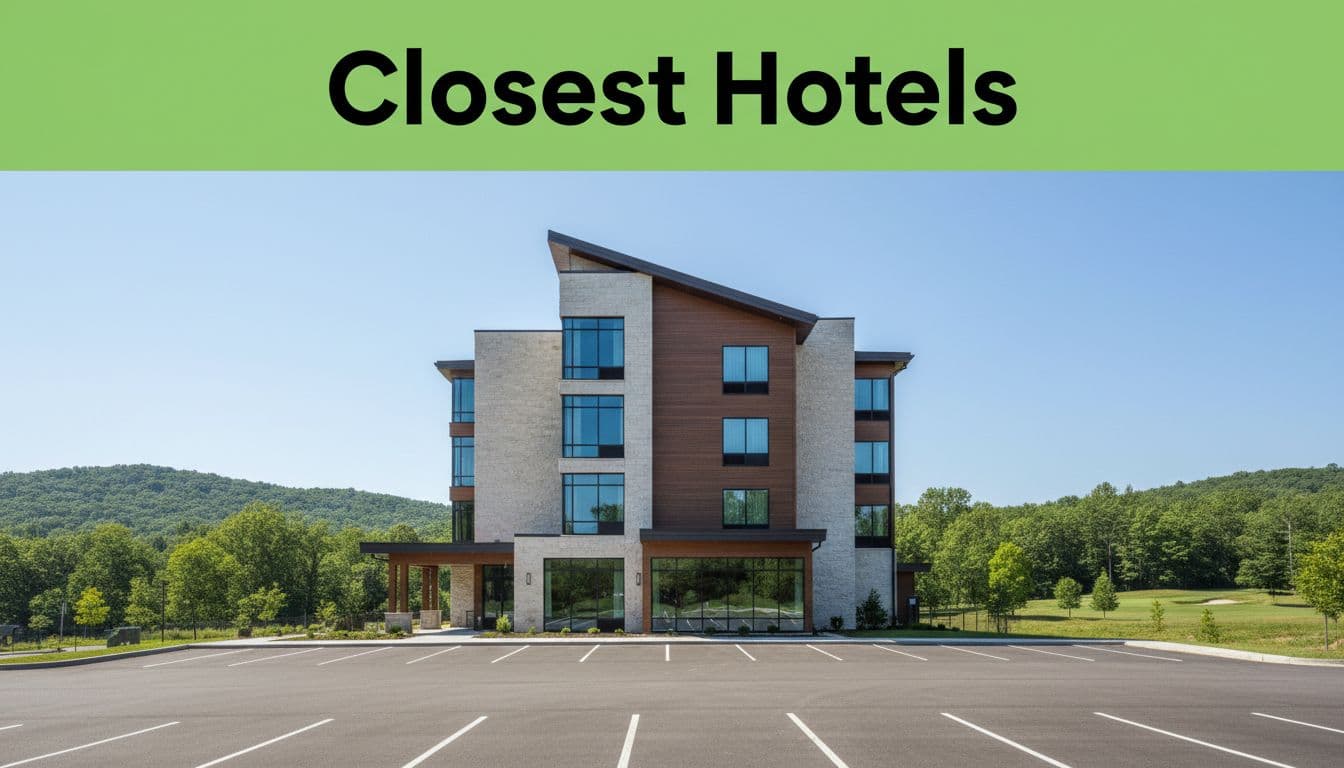 Modern hotel exterior with parking lot and sign in quiet Alabama suburb near wooded hills and golf course hints under clear daytime sky.