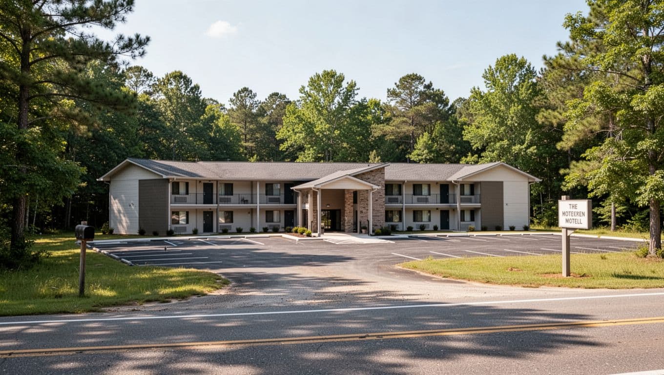 Modern rural Alabama motel exterior with empty parking lot, highway sign, green trees, and top 'Closest Stays' band.