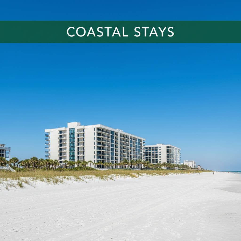 A modern beachside hotel stands against a clear blue sky, overlooking white sand and turquoise water. A prominent green banner at the top displays clean white text for the property brand.