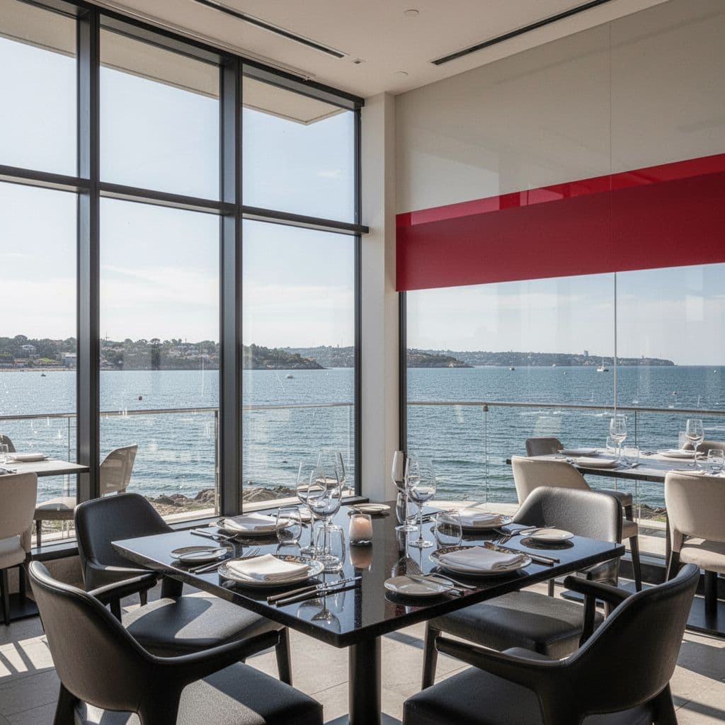A minimalist restaurant table set overlooking a calm bay through large windows.
