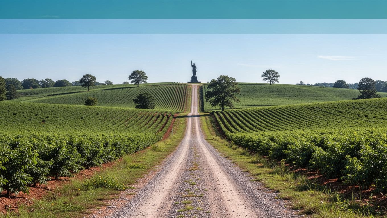 Peanut fields roll through green hills under blue sky, gravel road winds ahead, distant Boll Weevil statue silhouette on horizon, green top band with 'AREA VIEWS' headline.