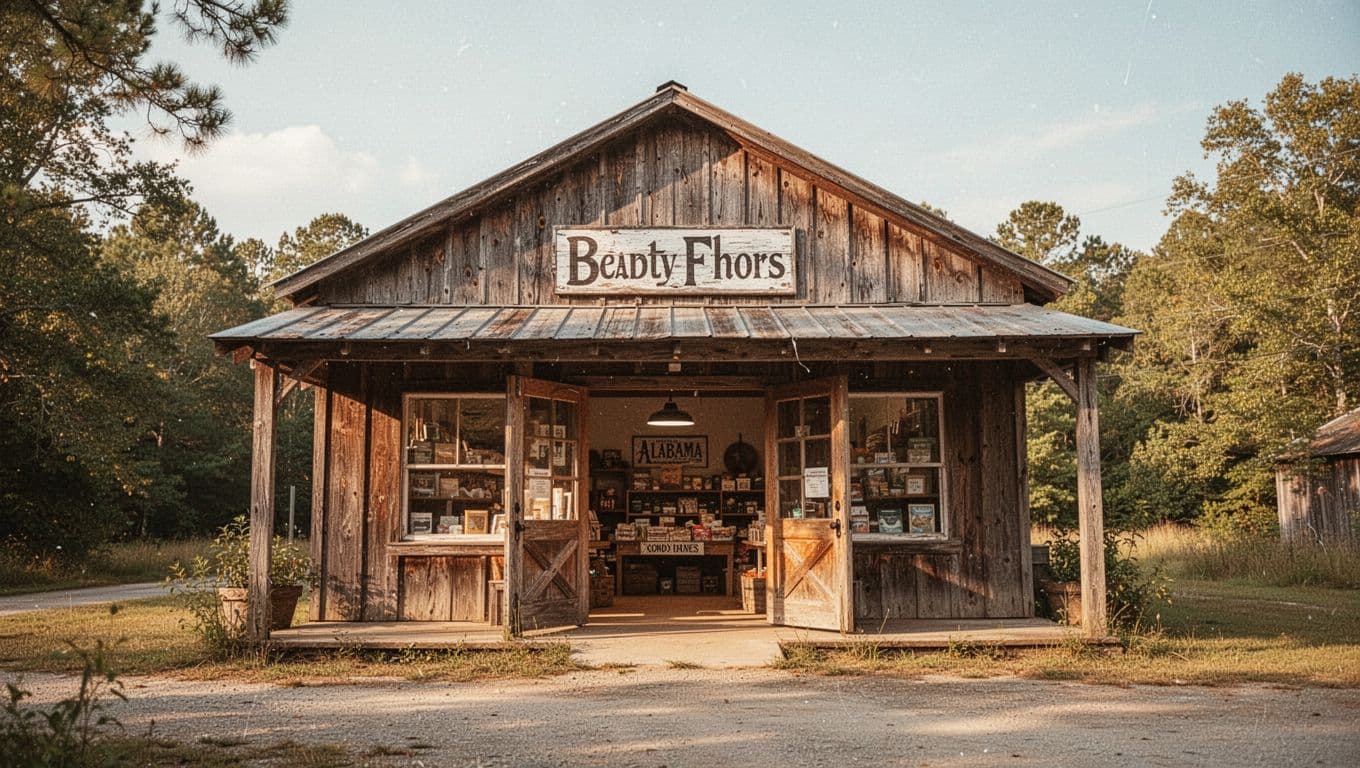 Wooden country market store exterior in rural Alabama at midday, open door reveals interior, green band at top with 'Coker Market' title.