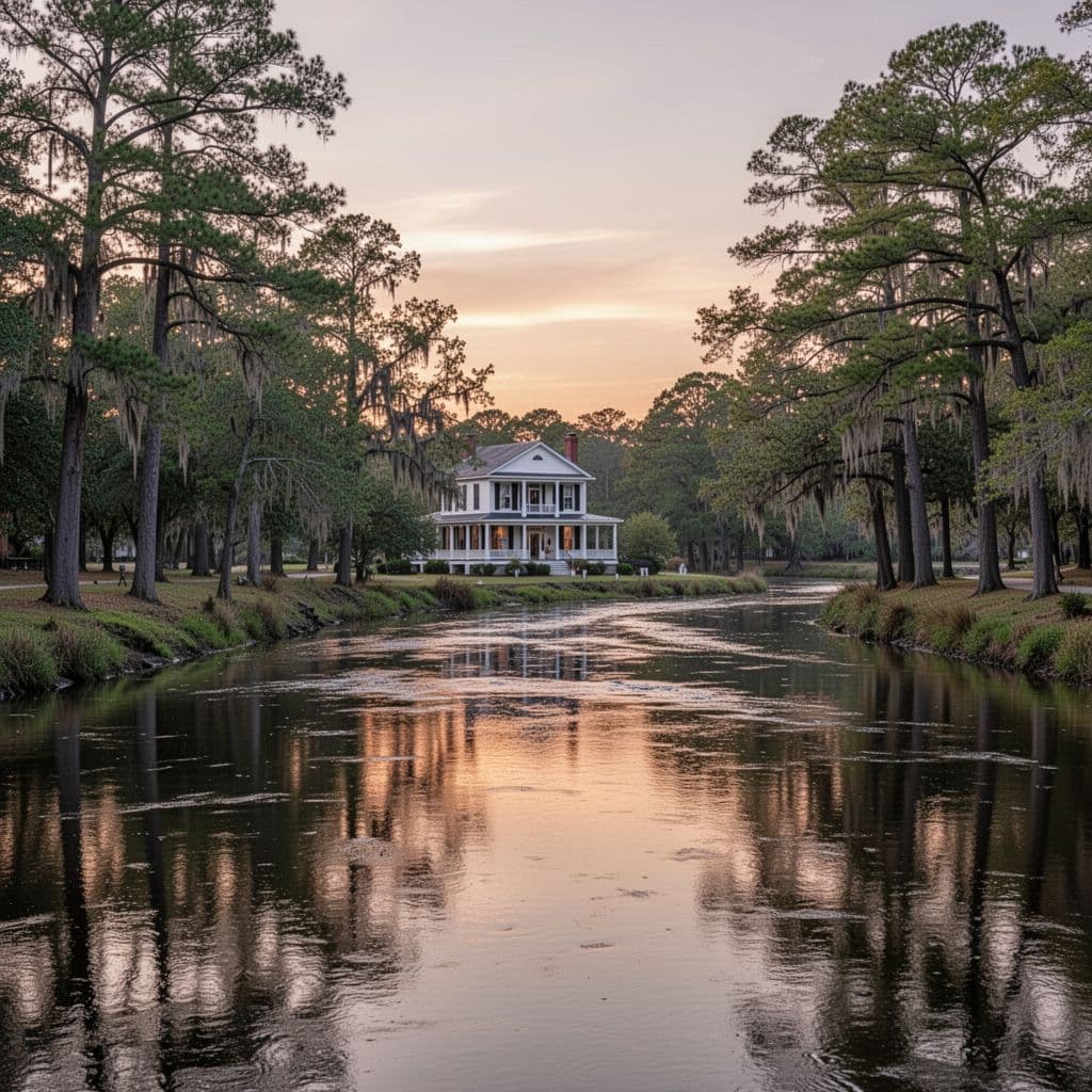 A peaceful river flows at dusk with a historic home visible on the distant shore.