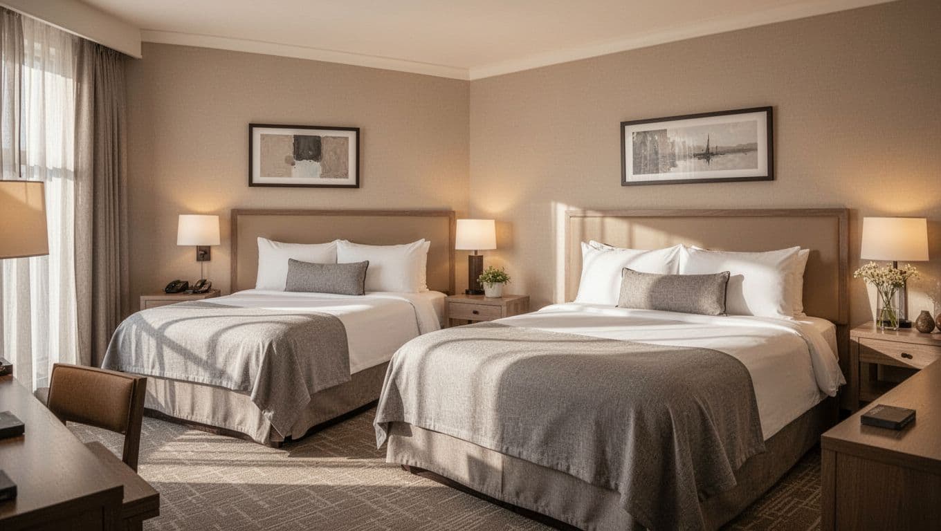 A clean and comfortable hotel room featuring two queen beds with neutral tones and warm lighting.