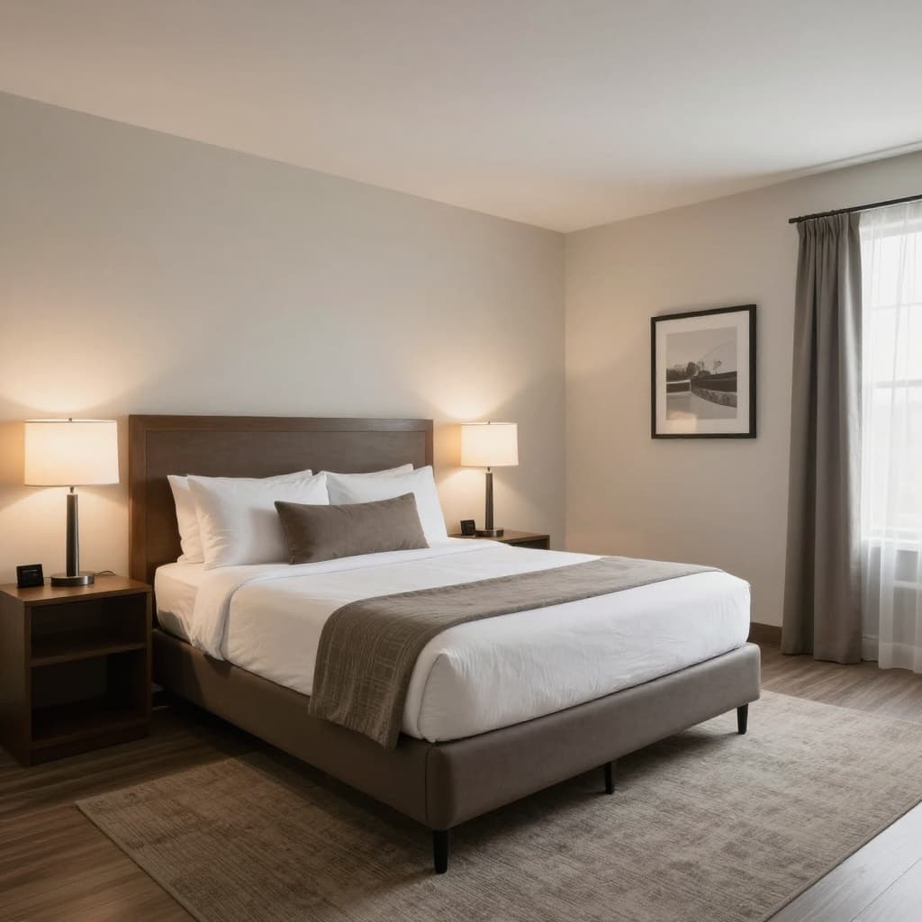 A spacious hotel bedroom features neutral decor, soft ambient lighting, and modern minimalist furniture.
