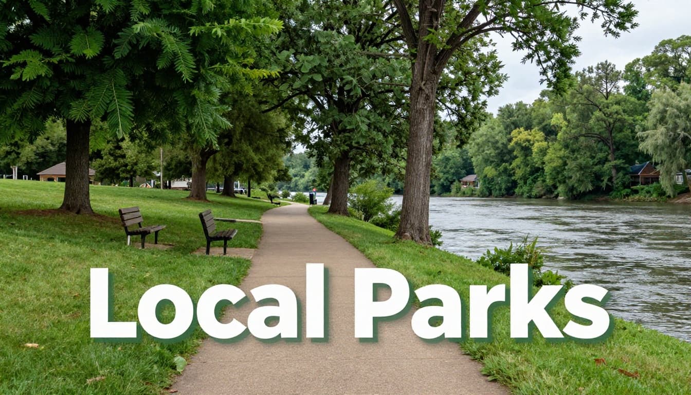 Riverside park with curving walking trail, benches, trees along Coosa River, green 'Local Parks' header band at top.
