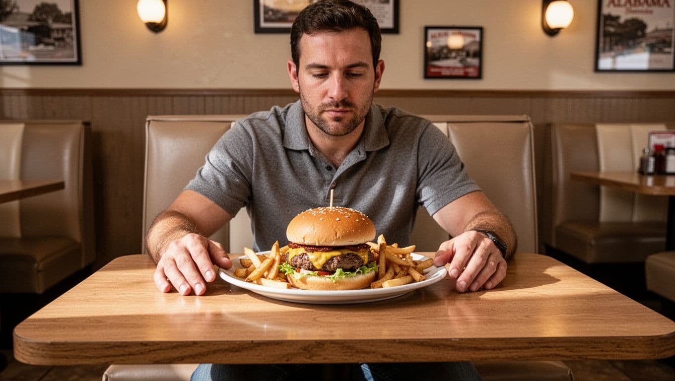 Patron eats burger and fries at wooden table in cozy diner under green Coosada Eats band.