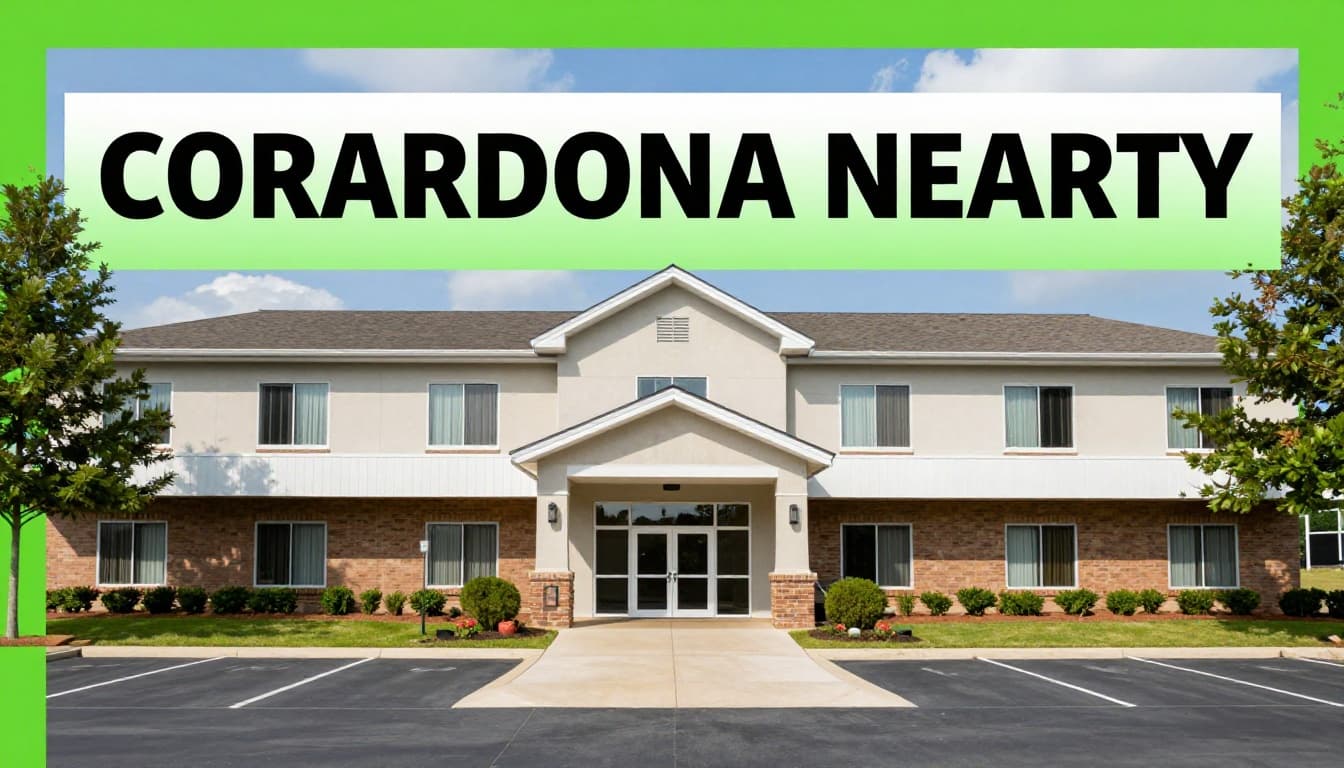 Modern hotel front entrance with parking lot and trees in Alabama countryside under bright daylight, green 'CORDOVA NEARBY' band at top.