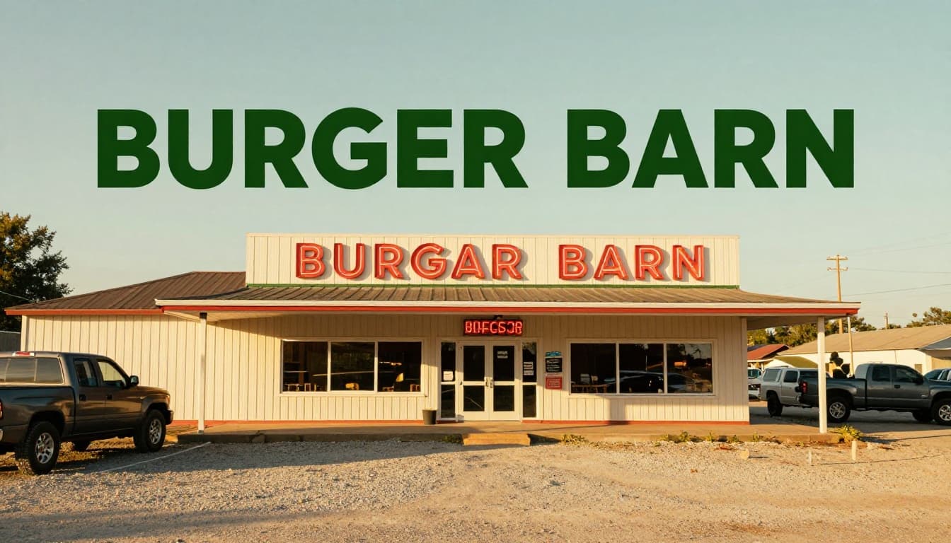 Exterior of Burger Barn in sunny Cottonwood with neon burger sign, gravel lot, parked pickup truck, and quiet rural street.