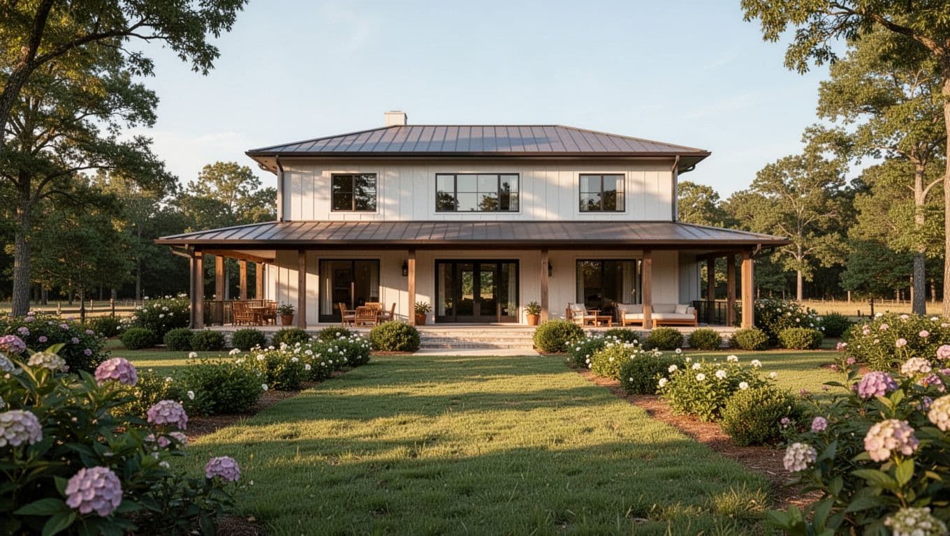 Two-story lodge with front terrace and garden in rural Alabama countryside, sunny afternoon light, green header band with centered lodge name.