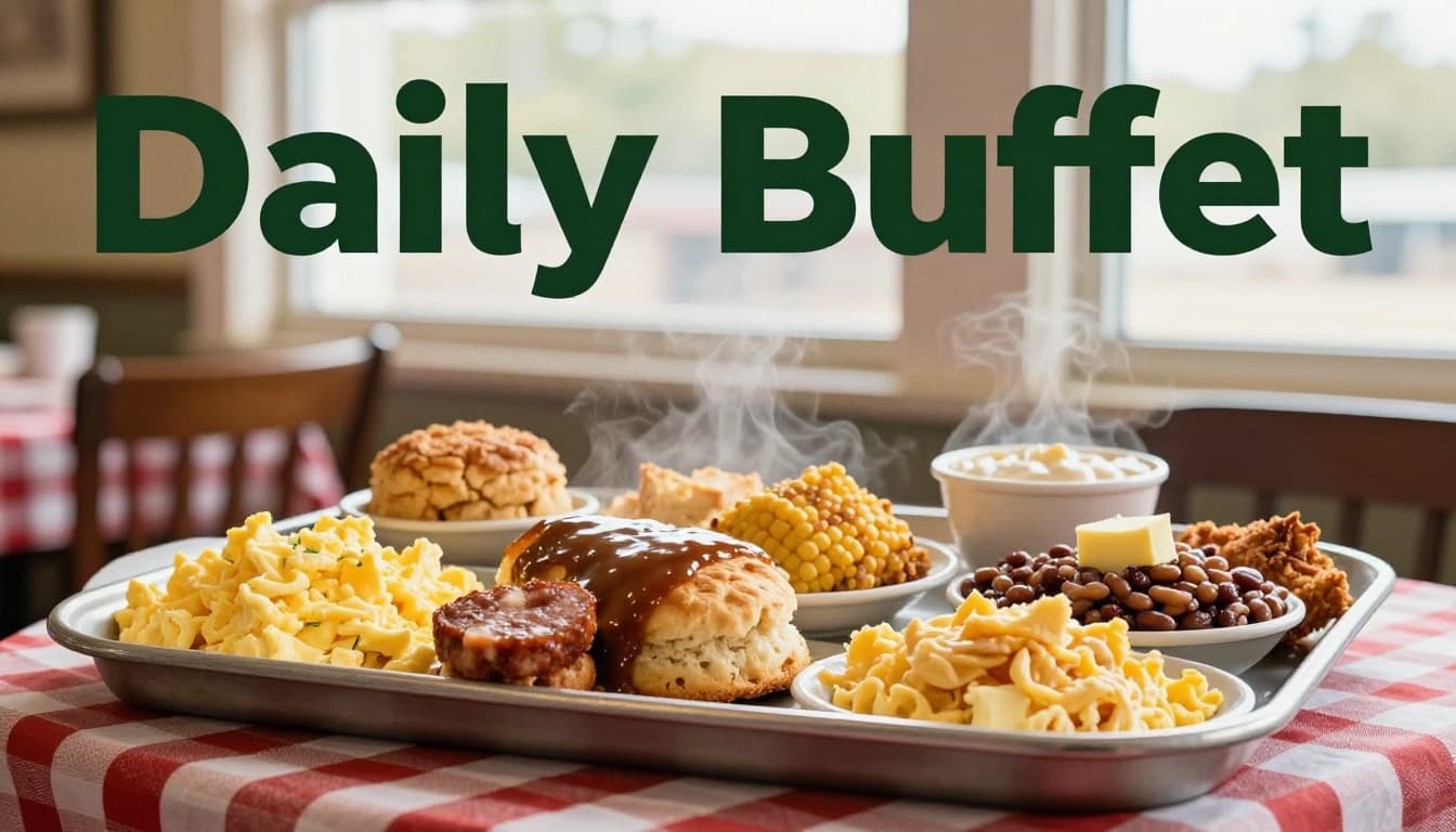 Top-down view of buffet tray with scrambled eggs, biscuits, sausage gravy, butter beans, fried okra, cornbread on checkered tablecloth, green top band with 'Daily Buffet'.