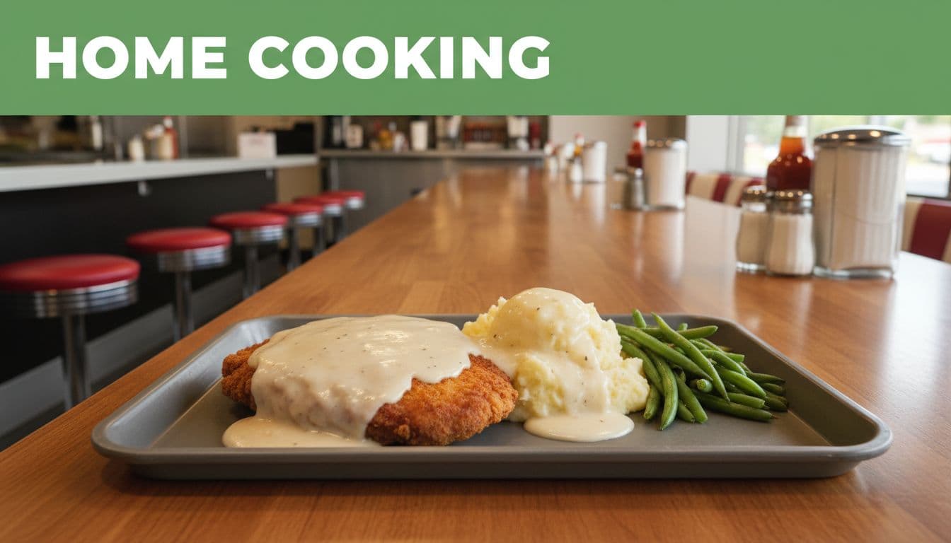 Country fried steak with mashed potatoes, green beans, and gravy on cafeteria tray under green 'Home Cooking' headline band on diner counter.