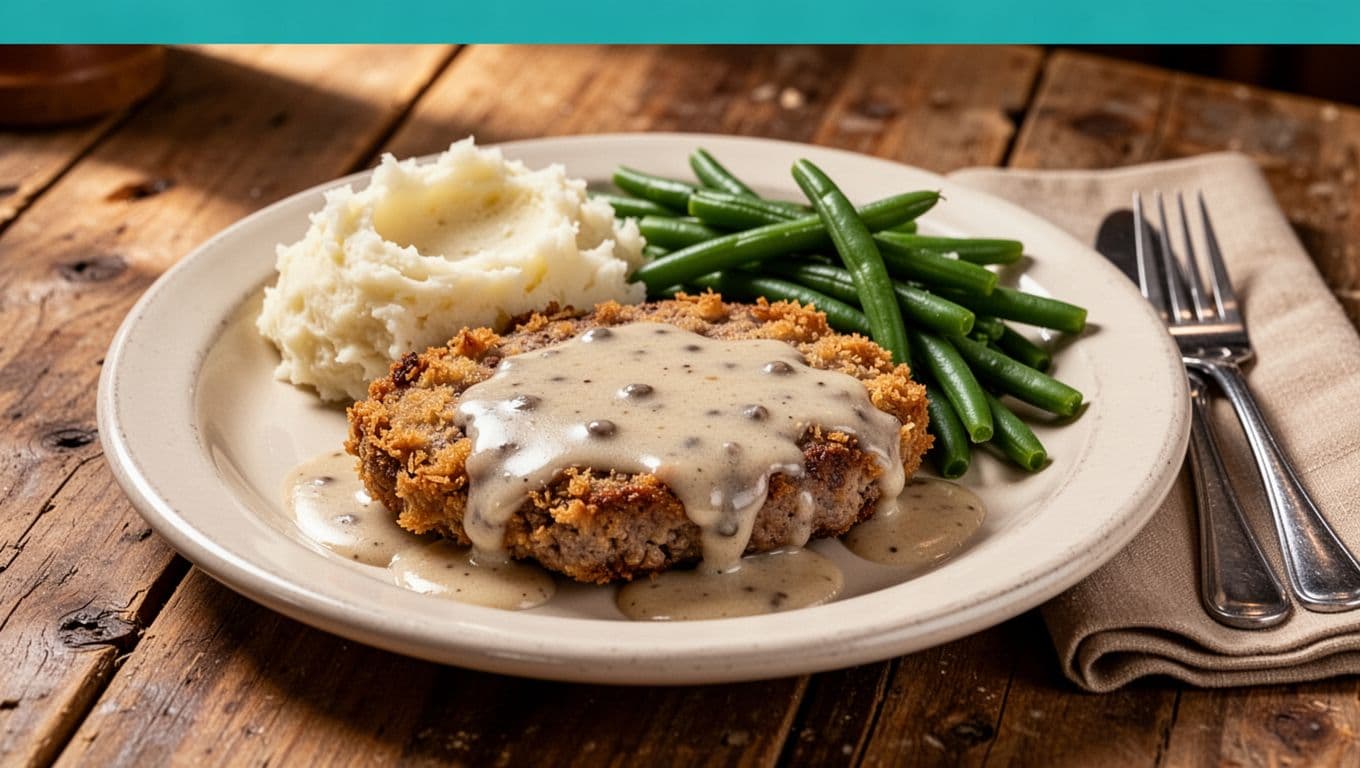 Green band with 'Menu Stars' headline above close-up diner plate of country fried steak, creamy gravy, mashed potatoes, and green beans on rustic wooden table.