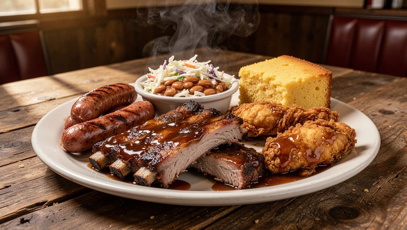 Plate of barbecue pork ribs, smoked sausage, chicken tenders, coleslaw, baked beans, and cornbread on wooden table under green Country Plates banner.