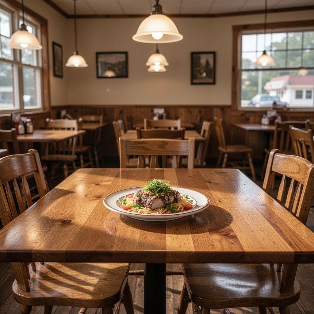 A quiet Alabama country diner features a single table setting in a warm and rustic dining room.