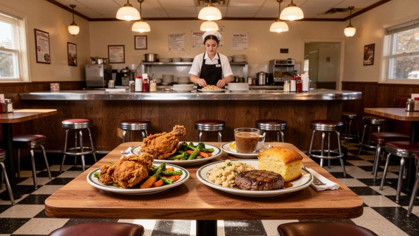 Cozy diner interior with wooden table of fried chicken, vegetables, cornbread; server behind counter; 'Diner Gem' on green band.
