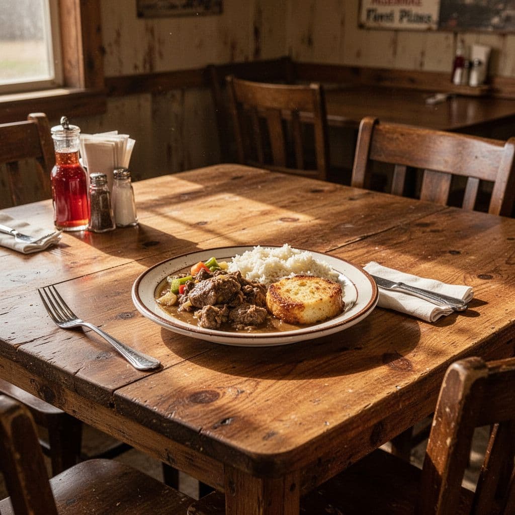 A single plate of food rests on a rustic wooden dining table in a warm Alabama restaurant.