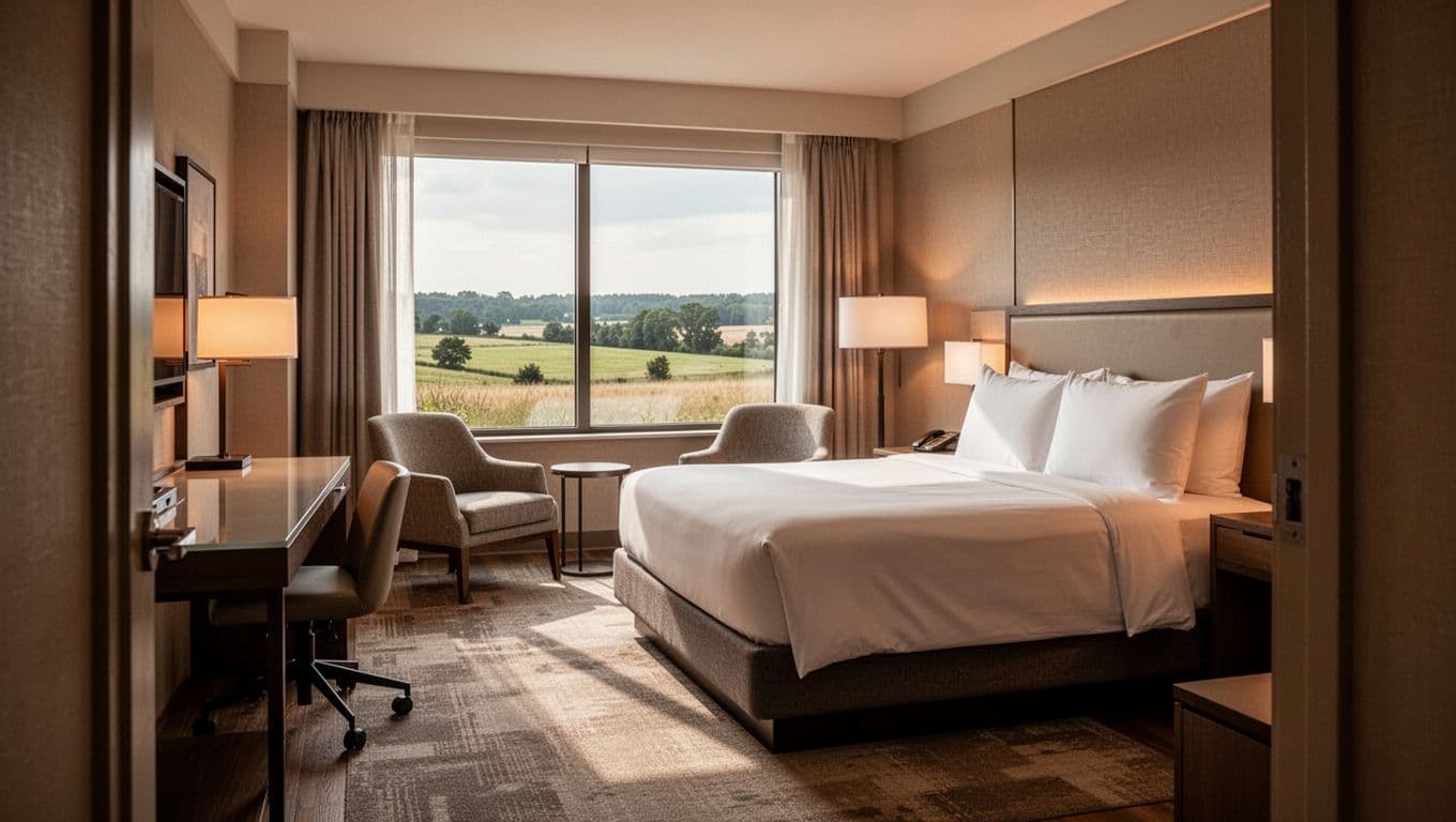 Modern hotel room with king bed, desk, two chairs, rural window view, and top 'Hotel Amenities' green headline band.