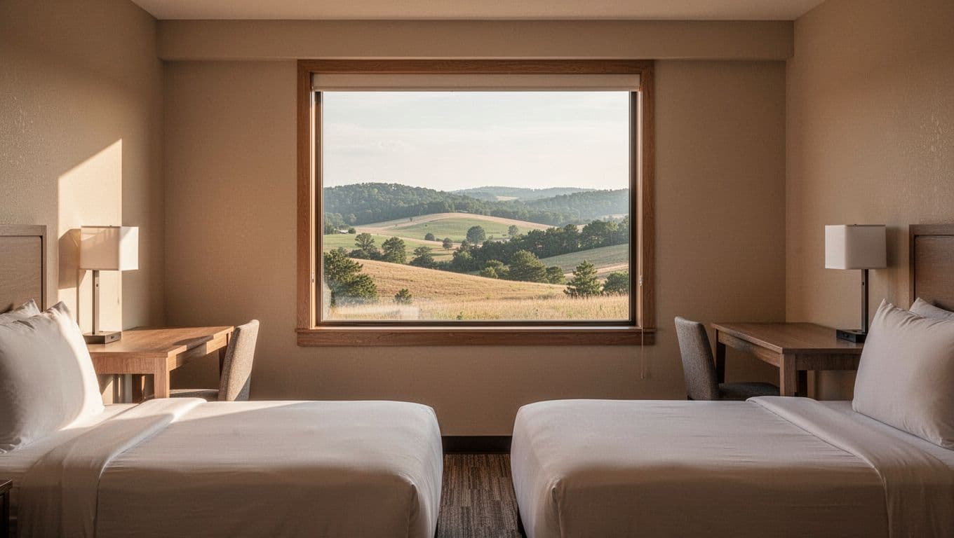 Minimal hotel room with bed, desk, chair, and window to Alabama countryside under green 'Hotel Amenities' headline band.