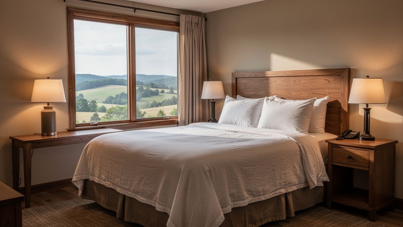 Cozy hotel room with king bed, nightstand, window to Alabama countryside, simple decor, warm lighting, green 'BOOK SMART' banner at top.