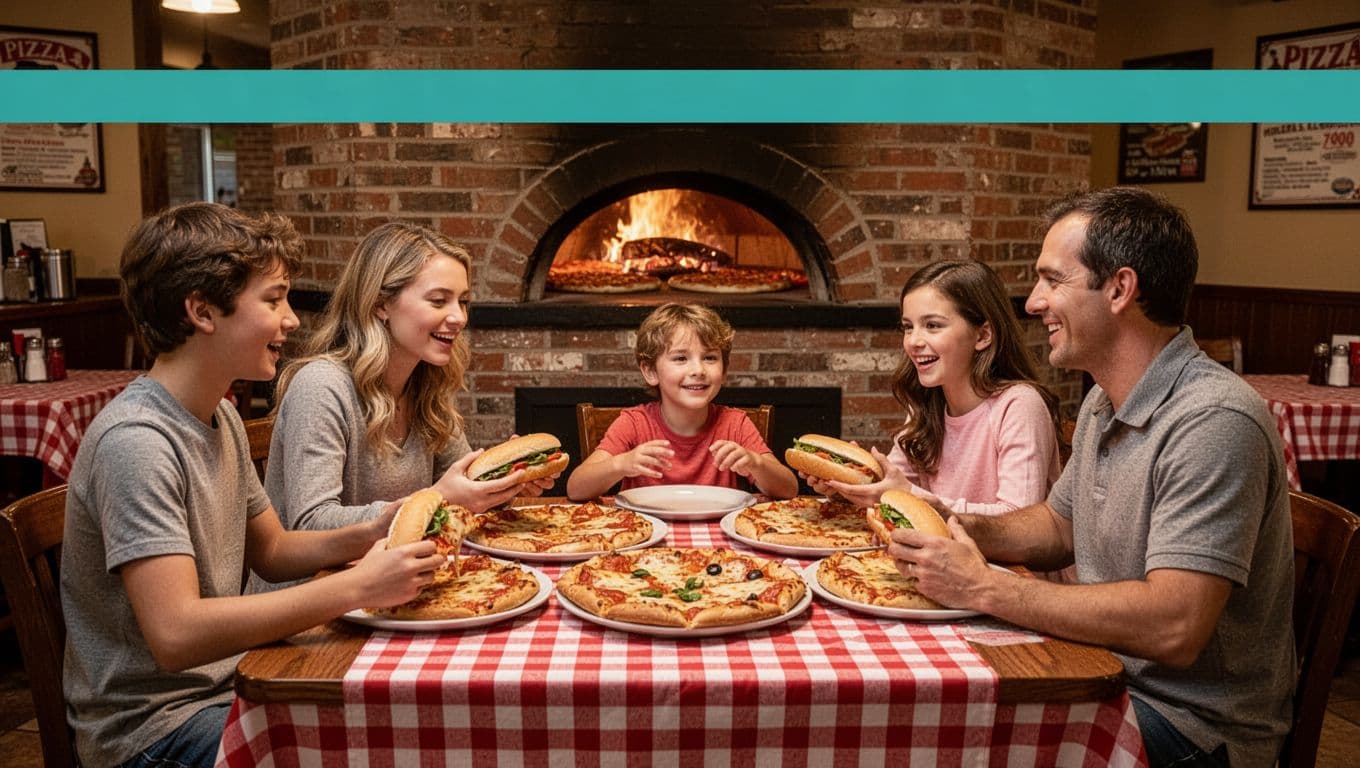 Cozy pizza restaurant interior with family of four eating at wooden table with checkered cloth, background oven with pizzas, green PIZZA SPOT banner at top.
